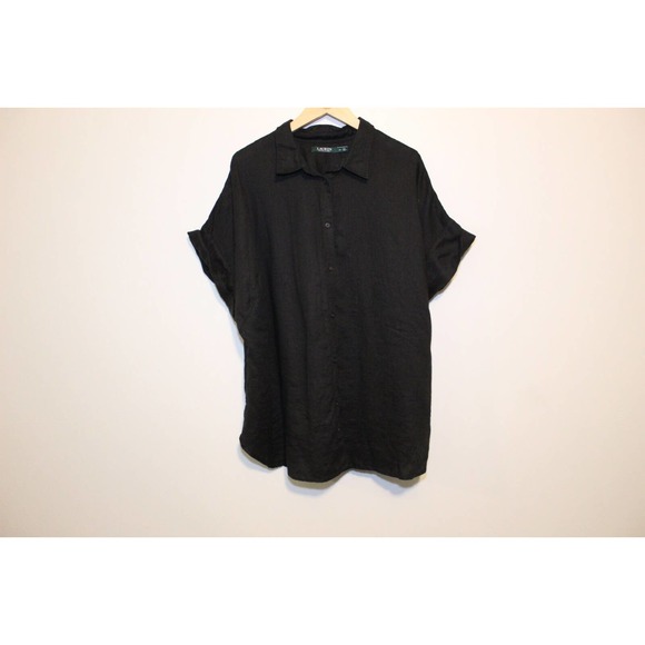 Lauren Ralph Lauren Linen Short Sleeve Button Up Shirt Black Plus Size 3X H13997 - Picture 7 of 9